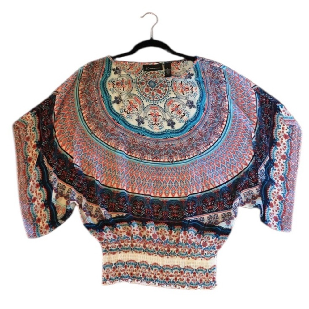 Women’s Blouse Colorful Paisley INC Top Medium Blue Red Sheer Summer Shirt